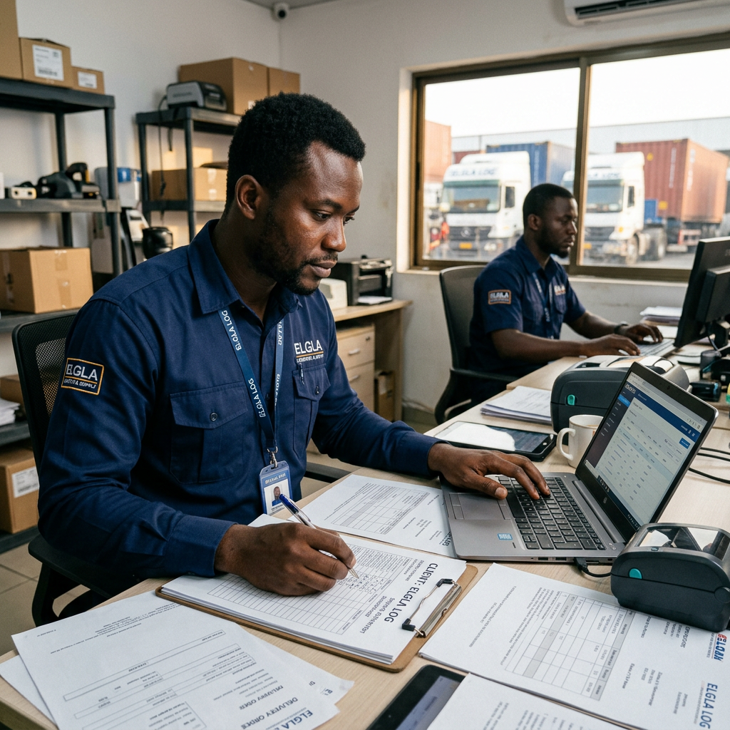 Two logistics workers in office processing shipment paperwork and data on computers